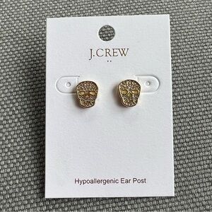 NWT JCrew gold tone and crystal skull earrings